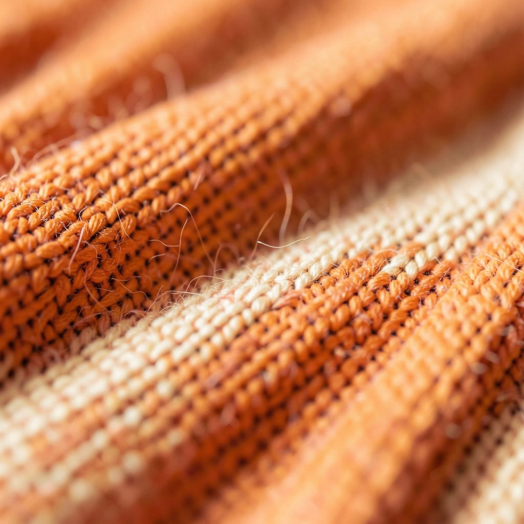 Extreem close-up van een geweven textiel in zachte terracotta- en crèmetinten, met fijne vezels en een warme, ambachtelijke uitstraling